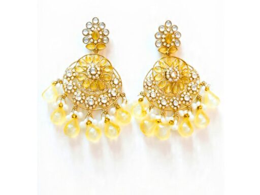 yellow kundan chandbali earrings with crystal stones, pearl accents and pink teardrop bead hangings for women