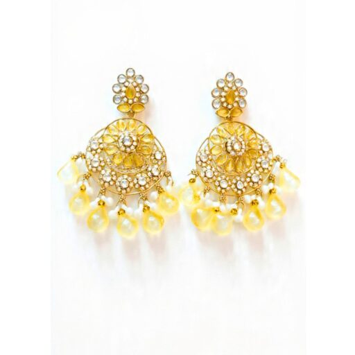yellow kundan chandbali earrings with crystal stones, pearl accents and pink teardrop bead hangings for women