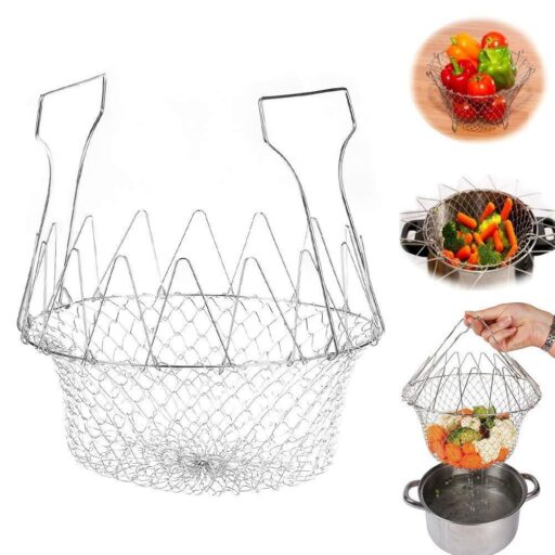 Foldable Stainless Steel Chef Basket Strainer | Multipurpose Frying, Steaming & Boiling Basket | Kitchen Cooking Basket