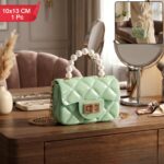 Elegant Quilted Mini Pearl Handle Sling Handbag for Women | Premium PU Leather Fashion Crossbody Bag | Mint Green (1 Pc) - Image 4