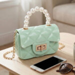 Elegant Quilted Mini Pearl Handle Sling Handbag for Women | Premium PU Leather Fashion Crossbody Bag | Mint Green (1 Pc) - Image 3